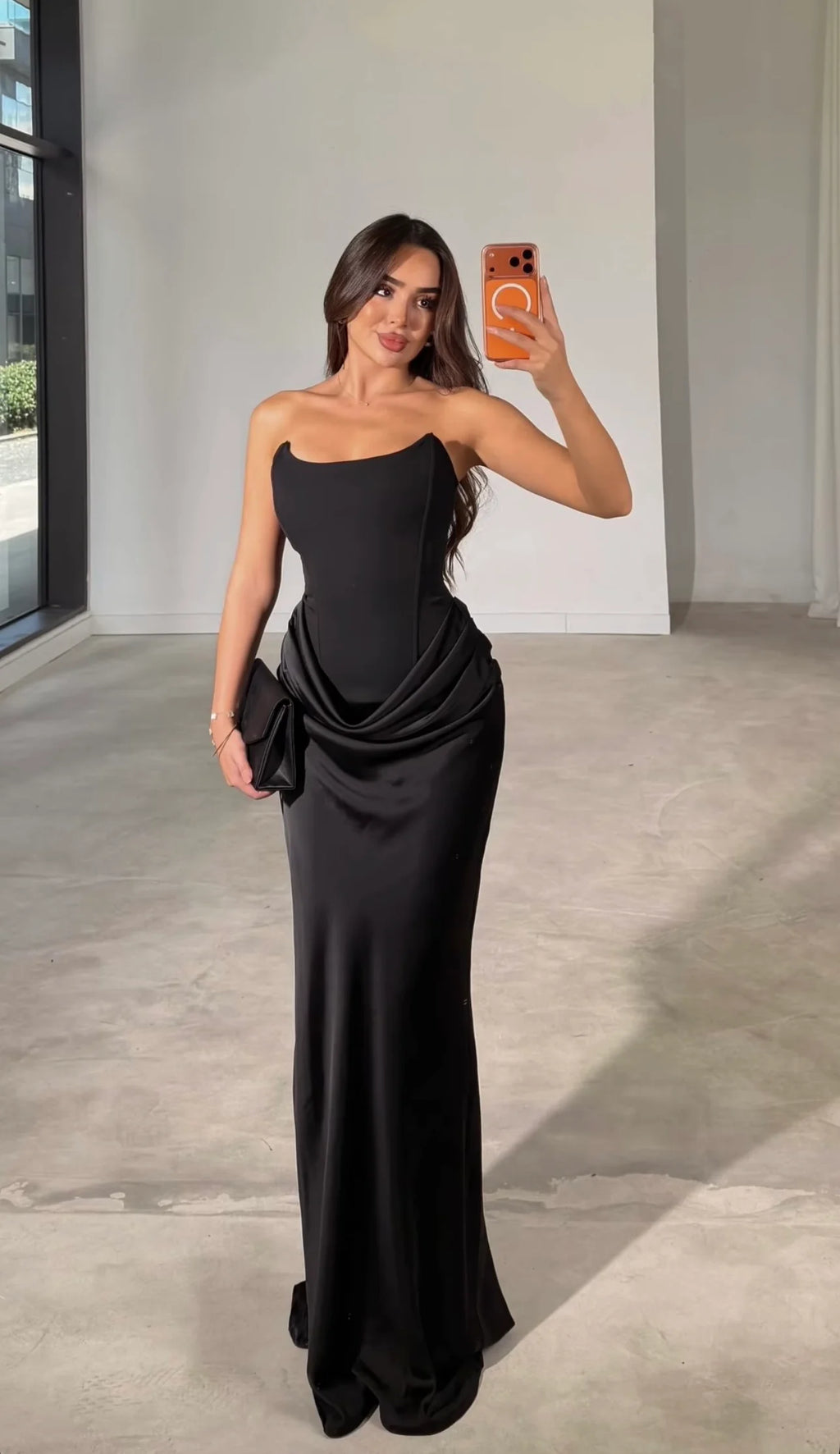 Black satin dress with corset detail