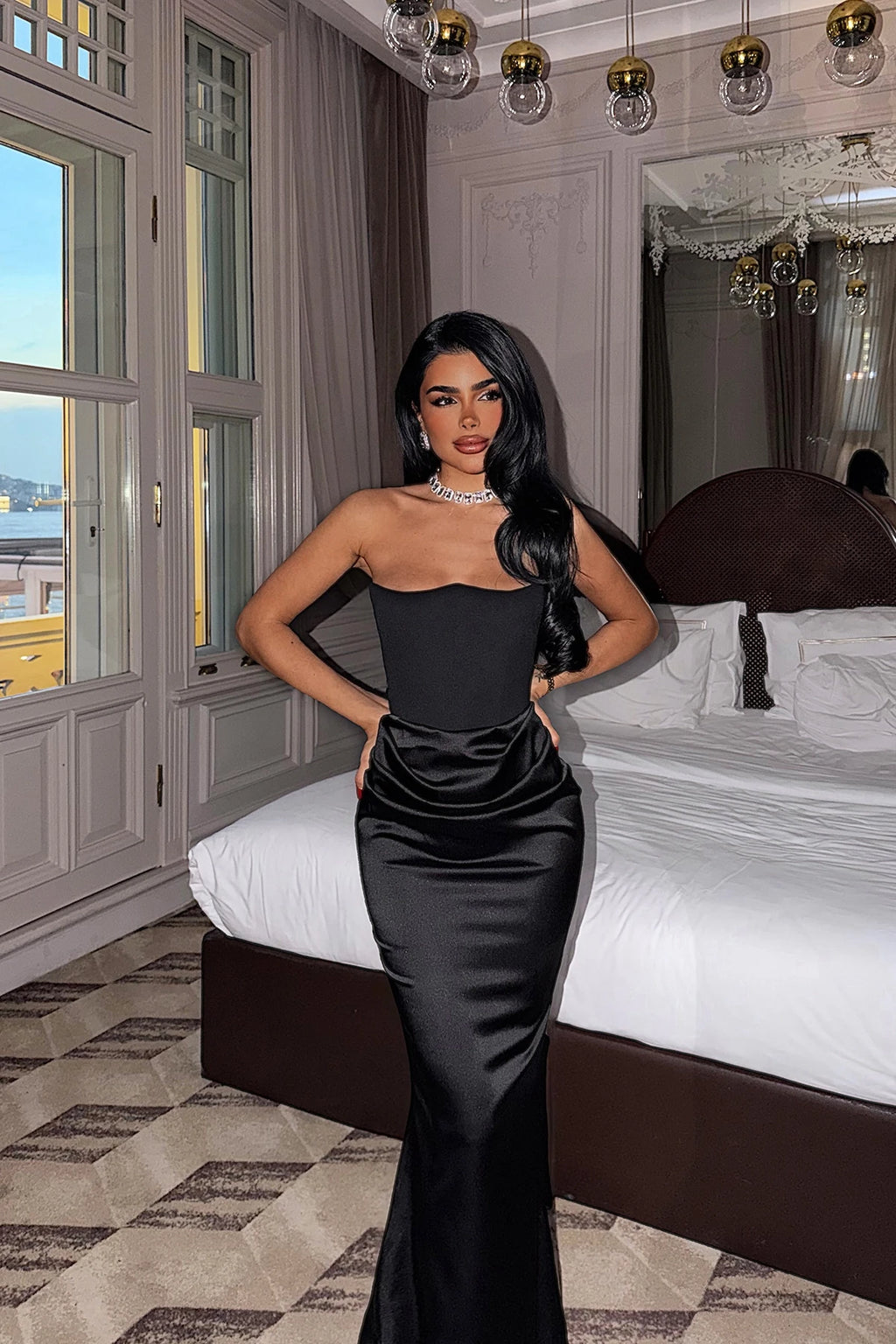 Anna black satin dress