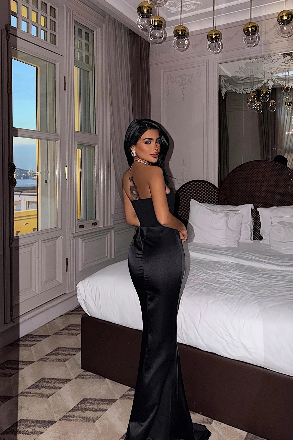 Anna black satin dress