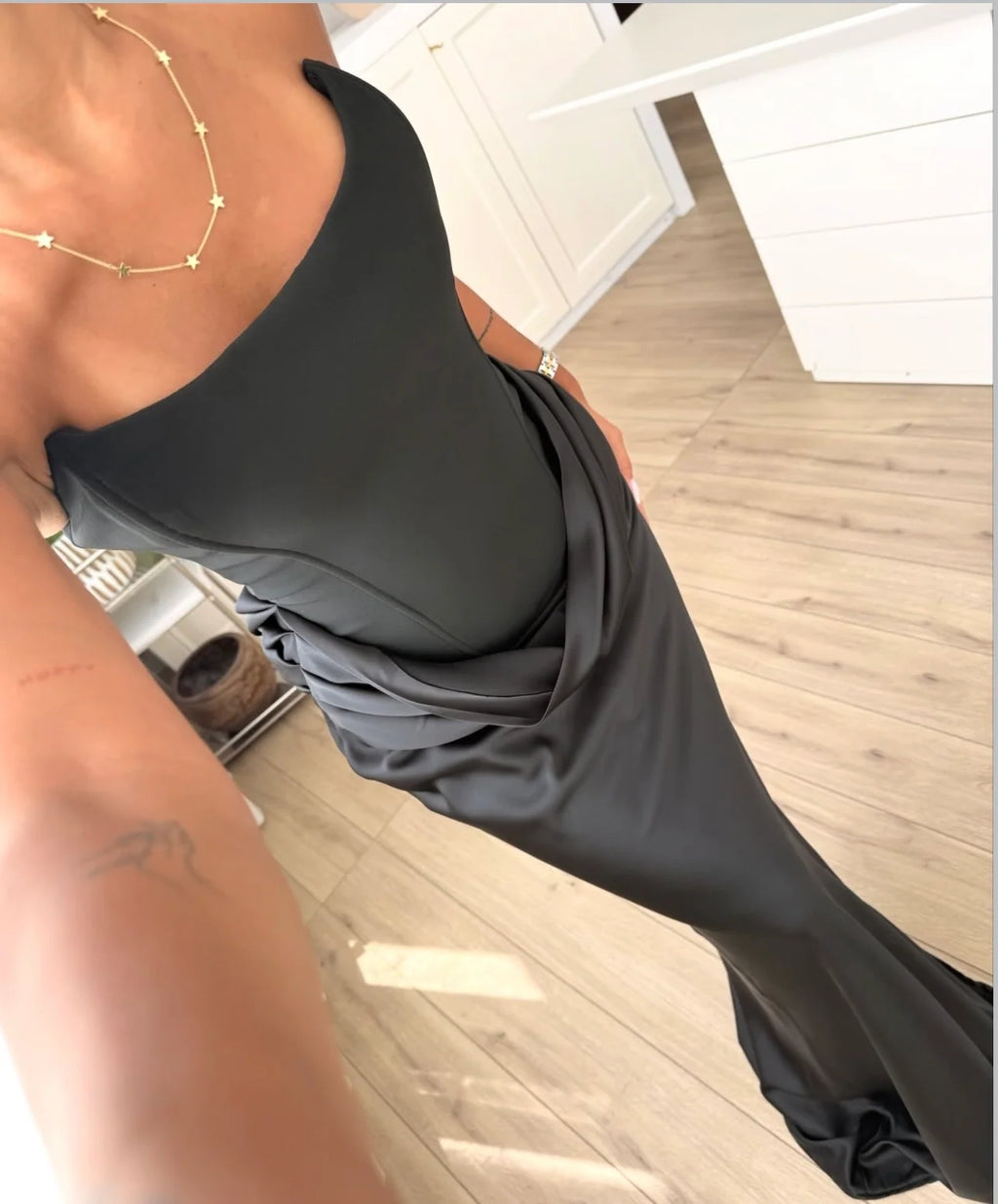 Black satin dress with corset detail