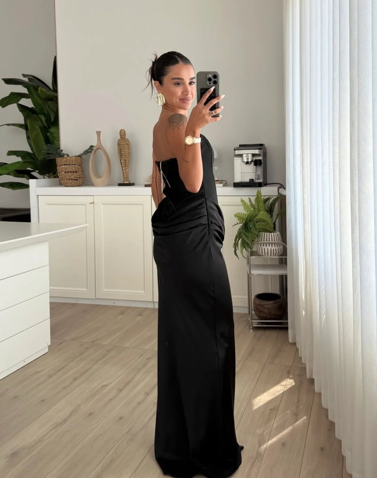 Black satin dress with corset detail